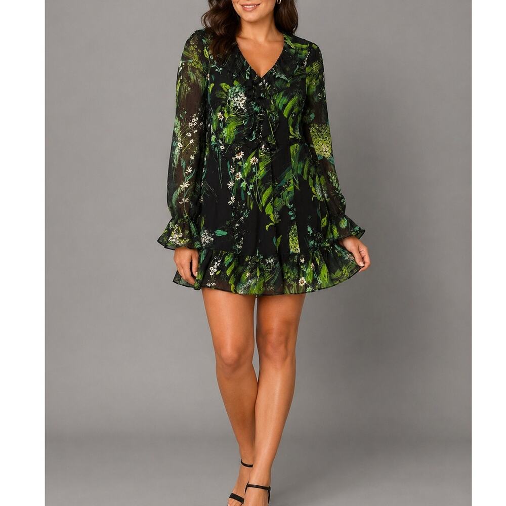 Secret Mission Silk Daisy Floral Dress Womens Medium Black Green Sheer Tiered